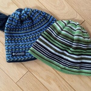 Patagonia Blue and Green Patterned Beanie Duo